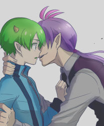 Rule 34 | 2boys, ahoge, bad id, bad pixiv id, blue eyes, colored eyelashes, green hair, hair over one eye, horns, imminent kiss, male focus, mike wazowski, monsters inc., multiple boys, nagatobi, necktie, one-eyed, open mouth, personification, ponytail, randall boggs, sharp teeth, short hair, simple background, smile, teeth, yaoi