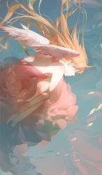 Rule 34 | 1girl, angel, angel wings, ask (askzy), backless dress, backless outfit, bare shoulders, barefoot, breasts, brown hair, dress, closed eyes, fetal position, fish, floating hair, long hair, original, pale skin, profile, red dress, small breasts, solo, underwater, white wings, wings
