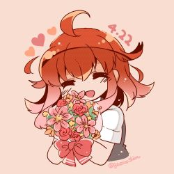 Rule 34 | 1girl, = =, ahoge, arashi (kancolle), black vest, bloom2425, bouquet, commentary request, dated, dress shirt, closed eyes, flower, heart, highres, kantai collection, medium hair, one-hour drawing challenge, pink background, red hair, school uniform, shirt, short hair, short sleeves, simple background, solo, twitter username, upper body, vest, white shirt