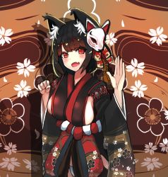 Rule 34 | 1girl, absurdres, animal ear fluff, animal ears, azur lane, bell, black hair, black kimono, blunt bangs, blush, breasts, cat ears, cat mask, dainit, fang, fox mask, highres, japanese clothes, jingle bell, kimono, large breasts, looking at viewer, mask, mask on head, open mouth, paw pose, red eyes, short kimono, sideboob, solo, standing, wide sleeves, yamashiro (azur lane)