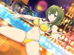 Rule 34 | 1girl, bikini, blue eyes, bracelet, breasts, fireworks, green hair, highres, hiyori (senran kagura), jewelry, large breasts, legs apart, looking at viewer, navel, night, official art, outstretched arms, pool, poolside, senran kagura, senran kagura new link, side ponytail, sky, smile, spread arms, star (sky), starry sky, swimsuit