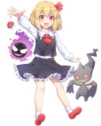 Rule 34 | 1girl, :d, banette, beads, black skirt, black vest, blonde hair, bobby socks, commentary request, creatures (company), crossover, fang, full body, game freak, gastly, gen 1 pokemon, gen 3 pokemon, hair ribbon, highres, kaoling, long sleeves, looking at viewer, mary janes, necktie, nintendo, open mouth, outstretched arm, petticoat, poke ball, poke ball (basic), pokemon, pokemon (creature), red eyes, red footwear, red neckwear, red ribbon, ribbon, rumia, shirt, shoes, short hair, simple background, skirt, skirt set, smile, socks, touhou, vest, white background, white shirt