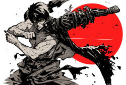 Rule 34 | 10s, 1boy, 244 (bo-z), bare pectorals, black hair, clenched teeth, doudanuki masakuni, fighting stance, jacket, jacket on shoulders, japanese flag, male focus, manly, millipen (medium), pectorals, scar, simple background, smile, solo, sword, teeth, torn clothes, touken ranbu, traditional media, weapon, yellow eyes