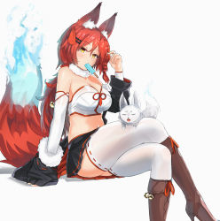 Rule 34 | 1girl, animal, animal ears, animal on lap, bare shoulders, bell, black skirt, boots, braid, breasts, cleavage, commentary, crop top, cross-laced footwear, crossed legs, detached sleeves, ehrrr, food, fox, fox ears, fox tail, fur collar, hair ornament, hairclip, high heel boots, high heels, highres, jingle bell, knee boots, lace-up boots, large breasts, long hair, looking at viewer, midriff, mouth hold, navel, on lap, original, ponytail, popsicle, red hair, ribbon-trimmed legwear, ribbon trim, short braid, side braid, simple background, single braid, sitting, skirt, solo, tail, thighhighs, white background, white thighhighs, yellow eyes