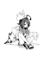 Rule 34 | 1girl, ahoge, ass, blue archive, buttons, coat, collared shirt, demon horns, ebifried, greyscale, hair between eyes, hair intakes, highres, horns, kasumi (blue archive), lab coat, long hair, long sleeves, monochrome, open clothes, open coat, open mouth, sandals, shirt, shorts, simple background, sitting, smile, solo, toes, white background