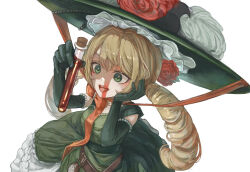 Rule 34 | 1girl, absurdres, ambiguous red liquid, amused, belt, blonde hair, bow, bowtie, bracelet, braid, chin strap, dress, elbow gloves, feet out of frame, flower hat, frilled dress, frills, gloves, green eyes, hair between eyes, hand on own head, highres, holding vial, jewelry, koongsim, large hat, long hair, necklace, open mouth, pearl bracelet, pearl necklace, pendant watch, refraction, reverse:1999, solo, sotheby, strapless, strapless dress, teeth, twin braids, upper teeth only, very long hair