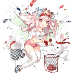 Rule 34 | 1girl, ball, bright pupils, buruma, character request, confetti, creature, crown, flag, floating hair, full body, gym uniform, hair ribbon, hairband, long hair, muyfie, name tag, official art, open mouth, pink hair, red eyes, ribbon, round teeth, saru, shirt carry, shoes, short sleeves, sneakers, solo, teeth, thighhighs, transparent background, two side up, uchi no hime-sama ga ichiban kawaii, white thighhighs, wings