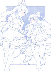 Rule 34 | 2girls, blue theme, bow, braid, censored, commentary, cure sky, earrings, hair bow, highres, hirogaru sky! precure, holding hands, jewelry, leg up, long hair, looking at another, looking back, magical girl, miyagoe yoshitsuki, monochrome, multiple girls, nijigaoka mashiro, no panties, open mouth, precure, pussy, smile, sora harewataru, spot color, standing, standing on one leg, thigh gap, twin braids, twintails, wing hair ornament