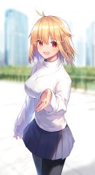 Rule 34 | 1girl, :d, absurdres, antenna hair, arcueid brunestud, bad id, bad pixiv id, black pantyhose, blonde hair, blue skirt, blurry, blush, cowboy shot, day, depth of field, hair between eyes, hand up, highres, huge filesize, jewelry, ji-logg, looking at viewer, md5 mismatch, miniskirt, necklace, open hand, open mouth, outdoors, pantyhose, pleated skirt, reaching, reaching towards viewer, red eyes, resolution mismatch, short hair, skirt, sleeves past wrists, smile, solo, source smaller, standing, sweater, taut clothes, taut sweater, tsukihime, tsukihime (remake), turtleneck, turtleneck sweater, white sweater