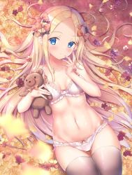 Rule 34 | 1girl, abigail williams (fate), autumn leaves, bare shoulders, black bow, black thighhighs, blonde hair, blue eyes, blush, blush stickers, bow, bow bra, bow panties, bra, breasts, cleavage, collarbone, commentary request, falling leaves, fate/grand order, fate (series), flower, forehead, frilled bra, frilled panties, frills, from above, gluteal fold, hair bow, hand on own face, head tilt, highres, holding, holding stuffed toy, leaf, long hair, looking at viewer, lying, motion blur, navel, no headwear, on back, on ground, orange bow, panties, parted bangs, pink flower, purple flower, shirakawako, sidelocks, small breasts, solo, stomach, strap slip, stuffed animal, stuffed toy, teddy bear, thigh gap, thighhighs, underwear, underwear only, very long hair, white bra, white panties