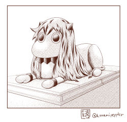 Rule 34 | (o) (o), 10s, 1girl, comic, commentary request, desert, egyptian, greyscale, horns, kantai collection, lion, long hair, mittens, monochrome, moomin, muppo, northern ocean princess, sand, sazanami konami, solo, sphinx, statue, tail, twitter username