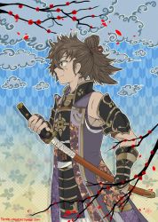 Rule 34 | 1boy, armor, cherry blossoms, cloud, facial scar, fighting stance, fire emblem, fire emblem fates, highres, hinata (fire emblem), holding, holding sword, holding weapon, japanese clothes, katana, male focus, nintendo, ponytail, ready to draw, scar, scar on cheek, scar on face, sheath, sheathed, smile, solo, sword, tempenite, weapon