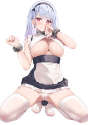 Rule 34 | 1girl, absurdres, alternate costume, anchor choker, apron, azur lane, bare shoulders, black hairband, blush, breasts, classic (zildjian33), cleavage, clothes lift, clothing cutout, dido (azur lane), earrings, enmaided, frills, grey hair, hairband, highres, jewelry, kneeling, lace-trimmed hairband, lace trim, large breasts, long hair, looking at viewer, maid, panties, pink eyes, purple eyes, sleeveless, smile, solo, thighhighs, thighs, underboob, underboob cutout, underwear, white apron, white hair, white panties, white thighhighs