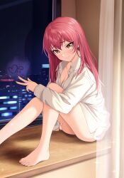 Rule 34 | 1girl, absurdres, ass, bare legs, barefoot, blush, borrowed clothes, breasts, cleavage, curtains, glass writing, head tilt, highres, idolmaster, idolmaster cinderella girls, indoors, jougasaki mika, long hair, looking at viewer, medium breasts, naked shirt, night, night sky, no pants, pink hair, shirt, sky, smile, solo, sorugi park, straight hair, toes, very long hair, w, white shirt, window