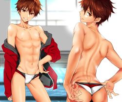 Rule 34 | 1boy, abs, adjusting clothes, adjusting swimsuit, ass, brown eyes, brown hair, butt crack, ensemble stars!, from behind, grin, jacket, kei1 833, looking at viewer, looking back, male focus, male swimwear, male swimwear pull, morisawa chiaki, muscular, navel, pulled by self, smile, solo, swim briefs, swim briefs pull, swimsuit, toned, white male swimwear, white swim briefs