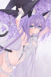 Rule 34 | 1girl, animal ear fluff, animal ears, armpits, arms up, ass, black hat, breasts, byulzzi, cat ears, cat girl, cat tail, expressionless, flower, frilled panties, frills, hands on headwear, hat, hat flower, hat ribbon, long hair, original, panties, purple eyes, purple hair, ribbon, scissors, shirt, small breasts, solo, tail, thighs, underwear, underwear only, very long hair, white panties, white shirt, witch hat