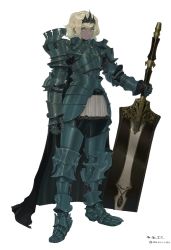 Rule 34 | 1girl, armor, black cape, blonde hair, breastplate, cape, closed eyes, dark skin, gauntlets, gradient background, greaves, highres, holding, holding sword, holding weapon, huge weapon, knight, looking at viewer, nanora, original, pauldrons, short hair, shoulder armor, signature, standing, sword, vambraces, weapon