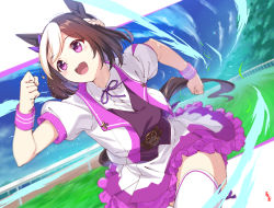 Rule 34 | 1girl, animal ears, black vest, brown hair, highres, horse ears, horse girl, horse tail, jacket, multicolored hair, open clothes, open jacket, open mouth, pleated skirt, puffy short sleeves, puffy sleeves, purple eyes, running, short hair, short sleeves, signature, skirt, smile, solo, special week (umamusume), tail, thighhighs, two-tone hair, umamusume, vest, white hair, white jacket, white skirt, white thighhighs, youmou usagi