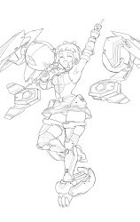 Rule 34 | 1girl, alice gear aegis, armor, bow, braid, closed eyes, full body, greyscale, hair bow, highres, holding, holding weapon, imgenom, leotard, mecha musume, single mechanical arm, mechanical legs, mechanical wings, microphone, monochrome, open mouth, pointing, pointing up, shimoochiai touka, sleeveless, smile, solo, speaker, weapon, wings