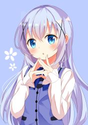 Rule 34 | 1girl, :o, absurdres, blue background, blue bow, blue eyes, blue vest, blush, bow, commentary request, fingernails, floral background, gochuumon wa usagi desu ka?, hair between eyes, hair ornament, hands up, highres, kafuu chino, kousaka nobaku, long hair, long sleeves, looking at viewer, nail polish, parted lips, pink nails, purple hair, rabbit house uniform, shirt, simple background, sleeves past wrists, solo, steepled fingers, uniform, upper body, very long hair, vest, waitress, white shirt, x hair ornament