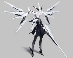 Rule 34 | 1girl, arms at sides, asymmetrical sleeves, commentary request, dress, earphones, full body, grey background, halo, high heels, jhcrow3, looking at viewer, mecha musume, mechanical halo, mechanical wings, original, pink eyes, short hair, simple background, smile, solo, uneven sleeves, white hair, wings