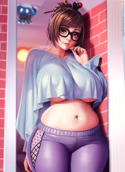Rule 34 | 1girl, black-framed eyewear, breasts, brick wall, brown eyes, brown hair, commentary, crop top, crop top overhang, cropped sweater, curvy, english commentary, fingernails, glasses, hair bun, hair ornament, hair stick, large breasts, lips, looking at viewer, mei (overwatch), navel, nikichen, no bra, nose, overwatch, overwatch 1, pants, plump, purple pants, short hair, single hair bun, skindentation, solo, sweater, underboob