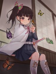Rule 34 | 1girl, belt, black hair, boots, bug, butterfly, butterfly hair ornament, commentary request, cross-laced footwear, from below, hair ornament, highres, insect, katana, kimetsu no yaiba, lace-up boots, long hair, long sleeves, lunia, orange ribbon, pleated skirt, purple eyes, ribbon, side ponytail, sitting, skirt, smile, solo, sword, tsuyuri kanao, weapon, white belt, white footwear