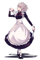 Rule 34 | 1girl, apron, between fingers, black dress, black footwear, bow, braid, dress, frilled apron, frills, glint, hair between eyes, hair bow, hand up, head tilt, highres, holding, holding knife, holding weapon, izayoi sakuya, knife, knives between fingers, long dress, looking at viewer, maid, maid apron, maid headdress, mary janes, momendoufu, neck ribbon, pantyhose, profile, red bow, red eyes, red ribbon, ribbon, shadow, shoes, short hair, silver hair, simple background, solo, touhou, waist apron, weapon, white apron, white background, white pantyhose