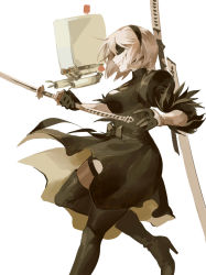 Rule 34 | 1girl, black dress, black footwear, black thighhighs, blindfold, boots, breasts, dress, expressionless, from side, hairband, high heel boots, high heels, highres, holding, holding sword, holding weapon, long sleeves, nier (series), nier:automata, pod (nier:automata), profile, puffy long sleeves, puffy sleeves, ruukii drift, short dress, short hair, simple background, small breasts, solo, sword, thigh boots, thighhighs, weapon, white background, 2b (nier:automata)