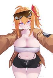 Rule 34 | 1girl, absurdres, ahoge, blue eyes, bow, breasts, cleavage, covered erect nipples, cowboy shot, crop top, dolphin shorts, eonsang, eyewear on head, female focus, girls&#039; frontline, griffin &amp; kryuger military uniform, grin, hair bow, hair ornament, hairclip, heart, highleg, highleg panties, highres, jacket, kalina (girls&#039; frontline), large breasts, looking at viewer, midriff, navel, open clothes, open jacket, orange hair, outstretched arms, panties, pov, short shorts, shorts, side ponytail, simple background, smile, solo, standing, sunglasses, thigh gap, tinted eyewear, underwear, white background