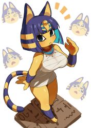 Rule 34 | 1girl, :&lt;, animal crossing, animal ears, ankha (animal crossing), aqua hair, bandages, bare shoulders, black eyes, blue hair, blunt bangs, blush, bob cut, body fur, breasts, cat ears, cat girl, cat tail, closed mouth, colored inner hair, colored skin, commentary request, dress, egyptian, egyptian clothes, frown, furry, furry female, greentanuki, hair ornament, hieroglyphics, highres, large breasts, looking at viewer, medium hair, multicolored hair, nintendo, pencil dress, short dress, snake hair ornament, solo, striped tail, tail, tsurime, white dress, yellow fur, yellow skin