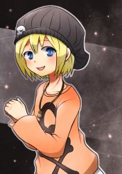Rule 34 | 1girl, bell, bitou raimu, black hat, blonde hair, blue eyes, blush, grey background, hands up, hat, hat ornament, jewelry, long sleeves, looking at viewer, necklace, open mouth, short hair, simple background, skullcap, solo, standing, subarashiki kono sekai, tokusa403, upper body