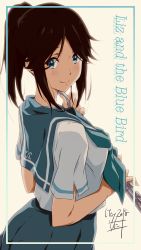 Rule 34 | 1girl, bad id, bad pixiv id, black hair, blouse, blue eyes, copyright name, dated, flute, green neckerchief, hibike! euphonium, highres, instrument, kasaki nozomi, liz to aoi tori, long hair, looking at viewer, looking back, neckerchief, nii manabu, parted bangs, ponytail, school uniform, serafuku, shirt, skirt, smile, solo, white shirt