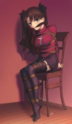 Rule 34 | 1girl, absurdres, bdsm, black hair, black skirt, black thighhighs, blue eyes, bondage, bound, chair, cleave gag, cloth gag, commission, fate/stay night, fate (series), gag, gagged, highres, improvised gag, kaddo, long hair, pleated skirt, restrained, second-party source, shibari, shibari over clothes, skirt, solo, sweater, thighhighs, tohsaka rin, zettai ryouiki