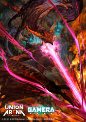 Rule 34 | breath weapon, claws, crest, daiei film, dust, electricity, energy, energy beam, engi (animation studio), english text, explosion, extra eyes, fire, gamera (series), gamera -rebirth-, giant, giant monster, glowing, glowing eyes, glowing horns, gyaos, horns, japanese text, kadokawa, kaijuu, kuro dora, laser, logo, long tail, maser, maser beam, monster, mouth beam, night, no humans, official art, open mouth, red eyes, s-gyaos, sharp teeth, slit pupils, smoke, supersonic scalpel, tail, talons, teeth, tongue, torn wings, union arena, very long tail, wings