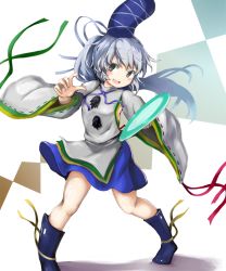 Rule 34 | 1860 (ichi), 1girl, blue footwear, blue hat, blue skirt, commentary request, green ribbon, grey eyes, hat, highres, japanese clothes, kariginu, long hair, long sleeves, looking at viewer, mononobe no futo, open mouth, plate, pom pom (clothes), ponytail, red ribbon, ribbon, ribbon-trimmed sleeves, ribbon trim, silver hair, skirt, smile, solo, standing, tate eboshi, touhou, wide sleeves