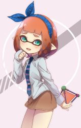 Rule 34 | 1girl, blouse, blue necktie, blue ribbon, blunt bangs, bob cut, brown skirt, collared shirt, commentary, cowboy shot, fang, green eyes, hair ribbon, highres, holding, holding behind back, holding weapon, inkling, inkling girl, inkling player character, long sleeves, looking at viewer, mask, miniskirt, necktie, nintendo, open mouth, orange hair, pointy ears, ribbon, shirt, short hair, skirt, sleeves past wrists, smile, solo, splat bomb (splatoon), standing, striped necktie, striped neckwear, takeko spla, tentacle hair, weapon, white shirt, wing collar