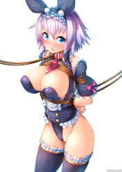 Rule 34 | 1girl, animal ears, arms behind back, bdsm, blue eyes, blush, bondage, bound, breasts, cleavage, cleavage cutout, clothing cutout, commentary request, cowboy shot, fake animal ears, frilled thighhighs, frills, from above, futo momo (dskn), highres, large breasts, leotard, looking at viewer, nipples, ooyama kina, open mouth, playboy bunny, purple hair, purple thighhighs, rabbit ears, rabbit girl, school swimsuit, short hair, solo, standing, swimsuit, thighhighs, thighs