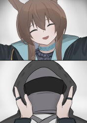 Rule 34 | 1girl, 1other, absurdres, amiya (arknights), animal ears, arknights, ascot, black ascot, blue choker, blush, brown hair, choker, closed eyes, comic, doctor (arknights), female pov, hands on another&#039;s cheeks, hands on another&#039;s face, head tilt, highres, hood, hood up, jewelry, long hair, long sleeves, mask, multiple rings, pov, rabbit ears, ring, sidelocks, twitter username, upper body, wawamachi (wawamachis)