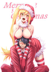 Rule 34 | 10s, 1boy, 1girl, araragi koyomi, bai linqin, between breasts, black hair, blonde hair, blush, breast rest, breasts, breasts on head, cleavage, elbow gloves, english text, fang, gloves, hat, heart, highres, kiss-shot acerola-orion heart-under-blade, large breasts, long hair, looking at viewer, merry christmas, monogatari (series), nisemonogatari, oshino shinobu, ponytail, santa costume, santa hat, short hair, side ponytail, sitting, striped clothes, striped thighhighs, thighhighs, yellow eyes