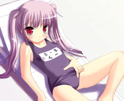 Rule 34 | 1girl, blue one-piece swimsuit, chair, character name, from above, grey background, hand on own hip, kooh, long hair, lounge chair, name tag, one-piece swimsuit, pangya, purple school swimsuit, safi, school swimsuit, simple background, solo, swimsuit, thighs, very long hair