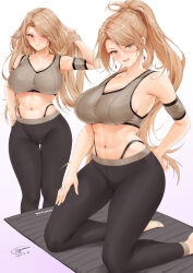 Rule 34 | 1girl, barefoot, blush, breasts, brown eyes, brown hair, cleavage, closed mouth, dated, gradient background, granblue fantasy, grey sports bra, hand in own hair, highres, katalina (granblue fantasy), kneeling, large breasts, long hair, looking at viewer, multiple views, navel, pants, parted lips, ponytail, signature, smile, sports bra, stomach, thighs, toyoman, whale tail (clothing), white background, yoga mat, yoga pants