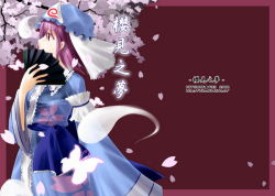 Rule 34 | 1girl, cherry blossoms, covering face, covering own mouth, covering privates, dress, female focus, folding fan, hand fan, hat, hitsuki rei, japanese clothes, kimono, nature, plant, saigyouji yuyuko, solo, touhou