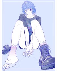 Rule 34 | 1girl, absurdres, akira 13go, arms between legs, bandaged arm, bandaged fingers, bandages, barefoot, black eyes, black footwear, black shirt, blue background, blue hair, blue nails, boots, bright pupils, clothes writing, colored skin, feet, full body, highres, knees up, looking at viewer, nail polish, original, pillarboxed, shirt, shoelaces, short hair, short sleeves, simple background, single boot, sitting, solo, t-shirt, toenail polish, toenails, toes, unworn boots, white pupils, white skin