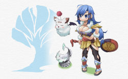 Rule 34 | 1girl, blue eyes, blue hair, breasts, bustier, cleavage, final fantasy, final fantasy crystal chronicles, fur cuffs, fur trim, hand on own hip, large breasts, long hair, low-tied long hair, midriff, moogle, racket, sandals, selkie, smile, wolfie selkie (female), yamagami tadashi