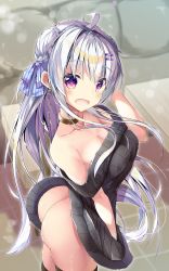 Rule 34 | 1girl, ahoge, ass, azur lane, bad id, bad pixiv id, bare shoulders, black thighhighs, blush, breasts, choker, cleavage, cygnet (azur lane), d:, double bun, earrings, grey hair, hair bun, hair ornament, hairclip, highres, jewelry, long hair, medium breasts, mitsuhamochi, naked sweater, no panties, open mouth, purple eyes, ribbed sweater, smile, solo, standing, sweater, thighhighs, wind, wind lift