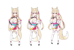 Rule 34 | 1girl, absurdres, blonde hair, breasts, character request, cleavage, closed mouth, fox girl, fox tail, full body, hair between eyes, haun (exodinary), highres, large breasts, long hair, multiple views, pink eyes, ribbon, simple background, smile, tagme, tail, thighhighs, white background
