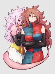 Rule 34 | 2girls, android 21, bare shoulders, black sclera, breasts, checkered clothes, checkered dress, choker, closed mouth, colored sclera, colored skin, crossed arms, detached sleeves, dragon ball, dragon ball fighterz, dress, dual persona, earrings, glasses, grey background, hair between eyes, hoop earrings, jewelry, kemachiku, long hair, looking at viewer, majin android 21, medium breasts, multiple girls, pink hair, pink skin, pointy ears, red eyes, red hair, simple background, smile, tail, yellow choker