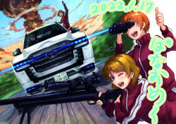 Rule 34 | 2girls, artist name, artist request, blue sky, blush, breasts, brown hair, car, check translation, cloud, commentary request, day, driving, explosion, female focus, hair between eyes, holding, holding weapon, hoshizora rin, jacket, koizumi hanayo, long sleeves, looking at viewer, love live!, love live! school idol festival, love live! school idol project, motor vehicle, multiple girls, one eye closed, orange hair, outdoors, pants, parted lips, purple eyes, red jacket, red pants, road, short hair, sky, small breasts, smile, street, teeth, thumbs up, track jacket, track pants, translated, translation request, truck, weapon, zipper, zipper pull tab