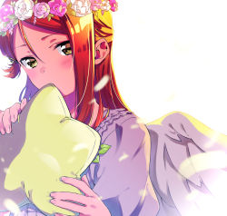 Rule 34 | 10s, 1girl, angel wings, bad id, bad pixiv id, blush, covering own mouth, dress, feathers, hair ornament, hairclip, head wreath, holding, holding pillow, long hair, love live!, love live! school idol festival, love live! sunshine!!, pillow, red hair, sakurauchi riko, simple background, solo, star (symbol), upper body, white background, white dress, wings, yellow eyes, yomo tsuka